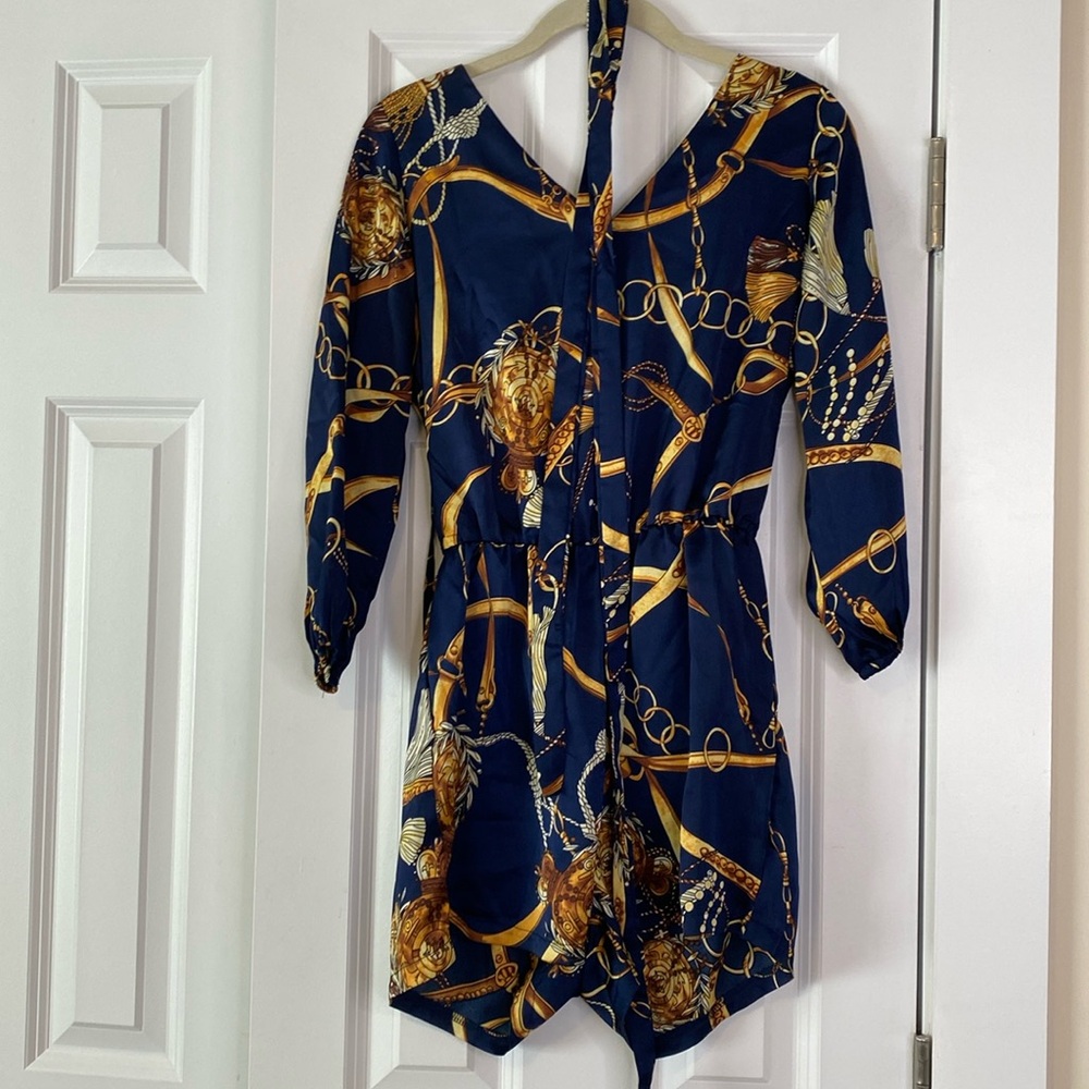 Blue Gold Chain Jewelry Design Silky Romper with Belt. Size Small